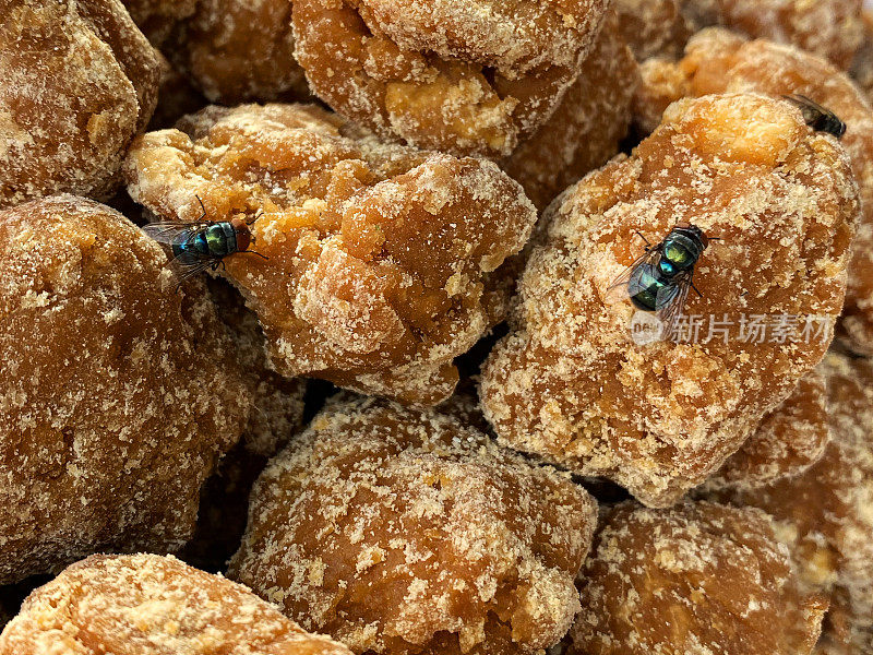 全帧图像的碎片jaggery(未精制的糖从甘蔗)正在调查的蓝瓶苍蝇(Calliphora vomitoria)，市场摊位展示，不卫生，聚焦前景